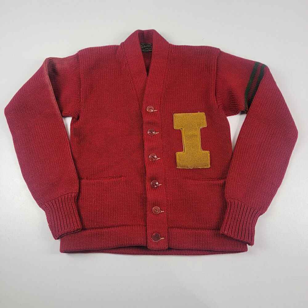 Vintage 50s 60s Wool Trojan Red Cardigan Sweater Made In Bay City, Michigan Sz M